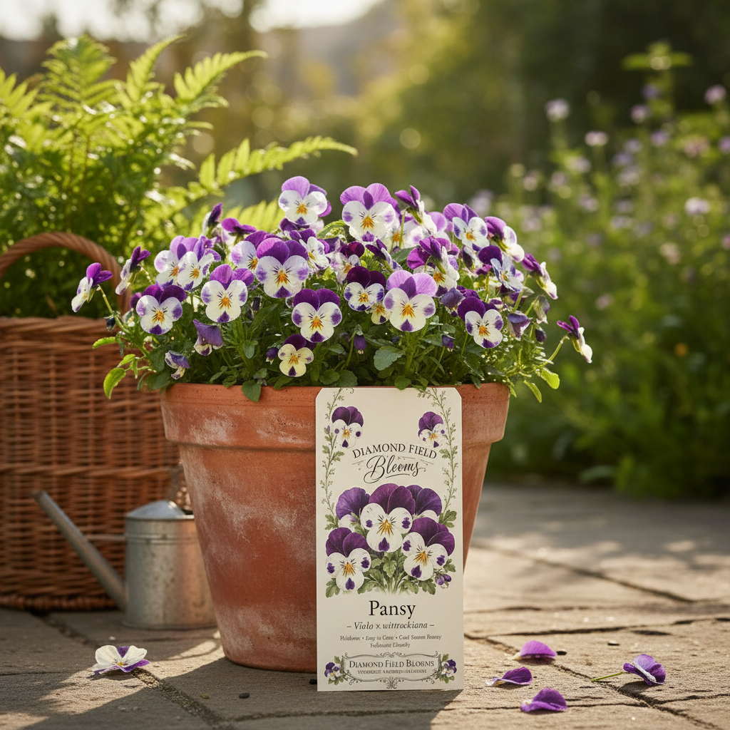 Purple and white pansy flowers blooming in terracotta pot with Diamond Field Blooms seed packet