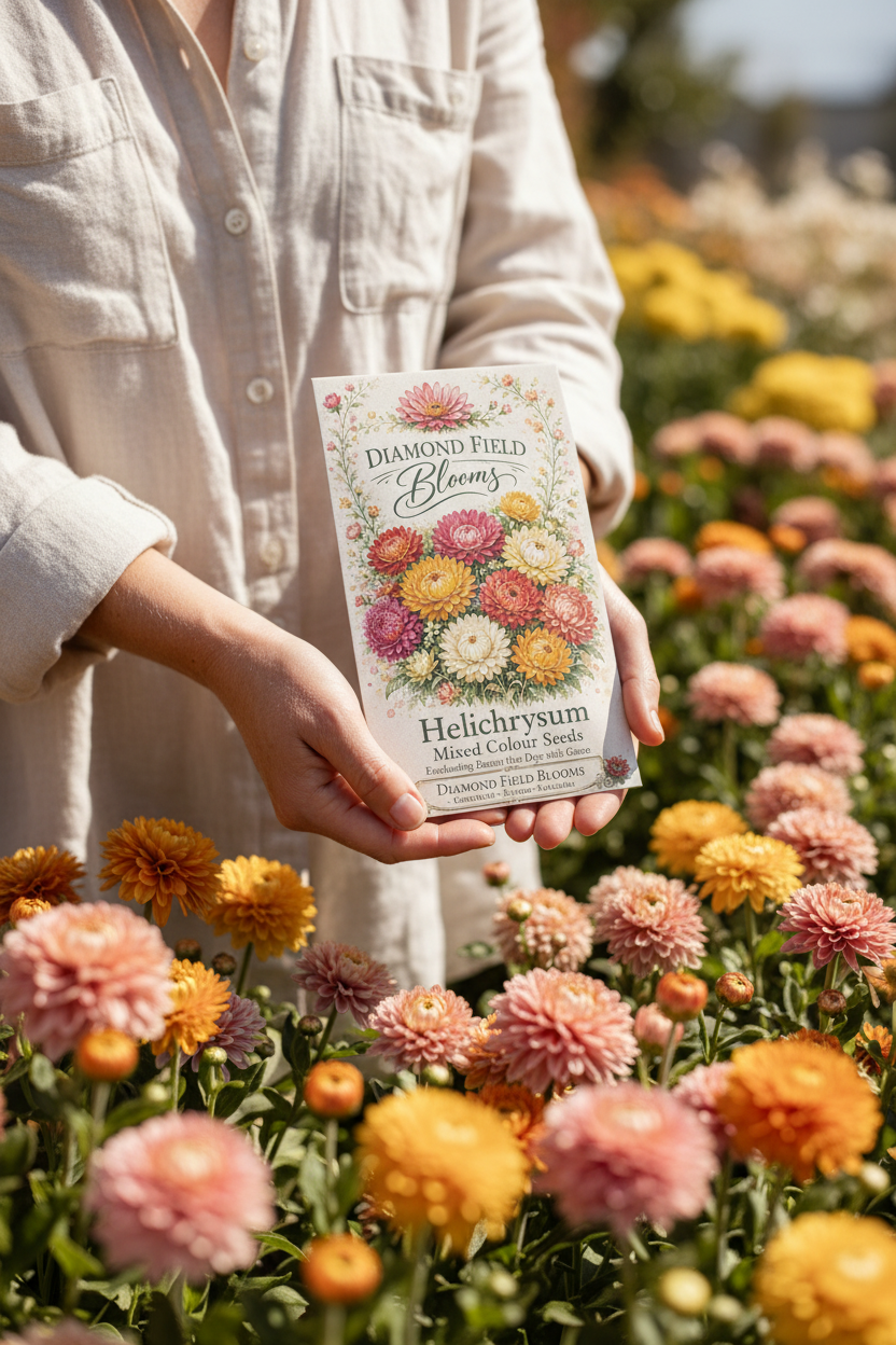 Hands holding Diamond Field Blooms Helichrysum Mixed Colour Seeds packet in a garden surrounded by blooming helichrysum flowers