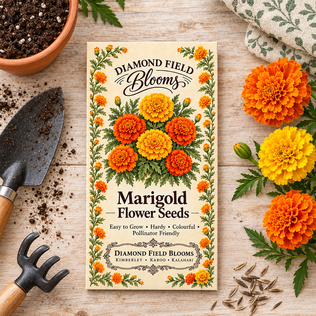 Diamond Field Blooms Marigold Flower Seeds packet flat lay with gardening tools, terracotta pot, and marigold flower heads