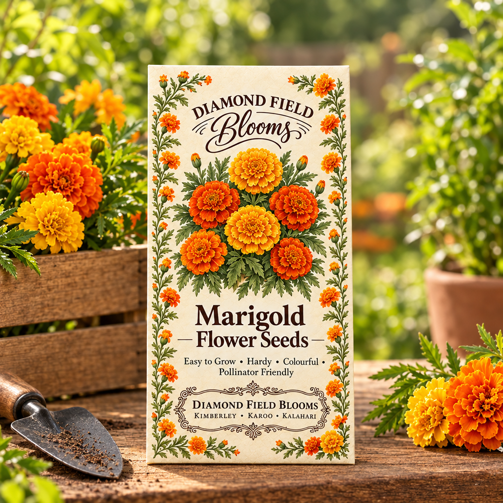 Diamond Field Blooms Marigold Flower Seeds packet standing in a garden setting beside a crate of fresh marigold blooms