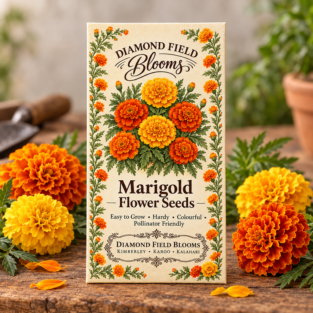 Diamond Field Blooms Marigold Flower Seeds packet beside fresh orange and yellow marigold blooms on a rustic wooden table