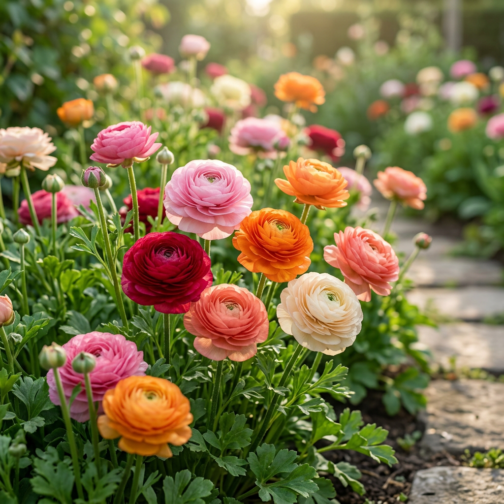 Mixed-colour ranunculus flowers in a cottage garden
