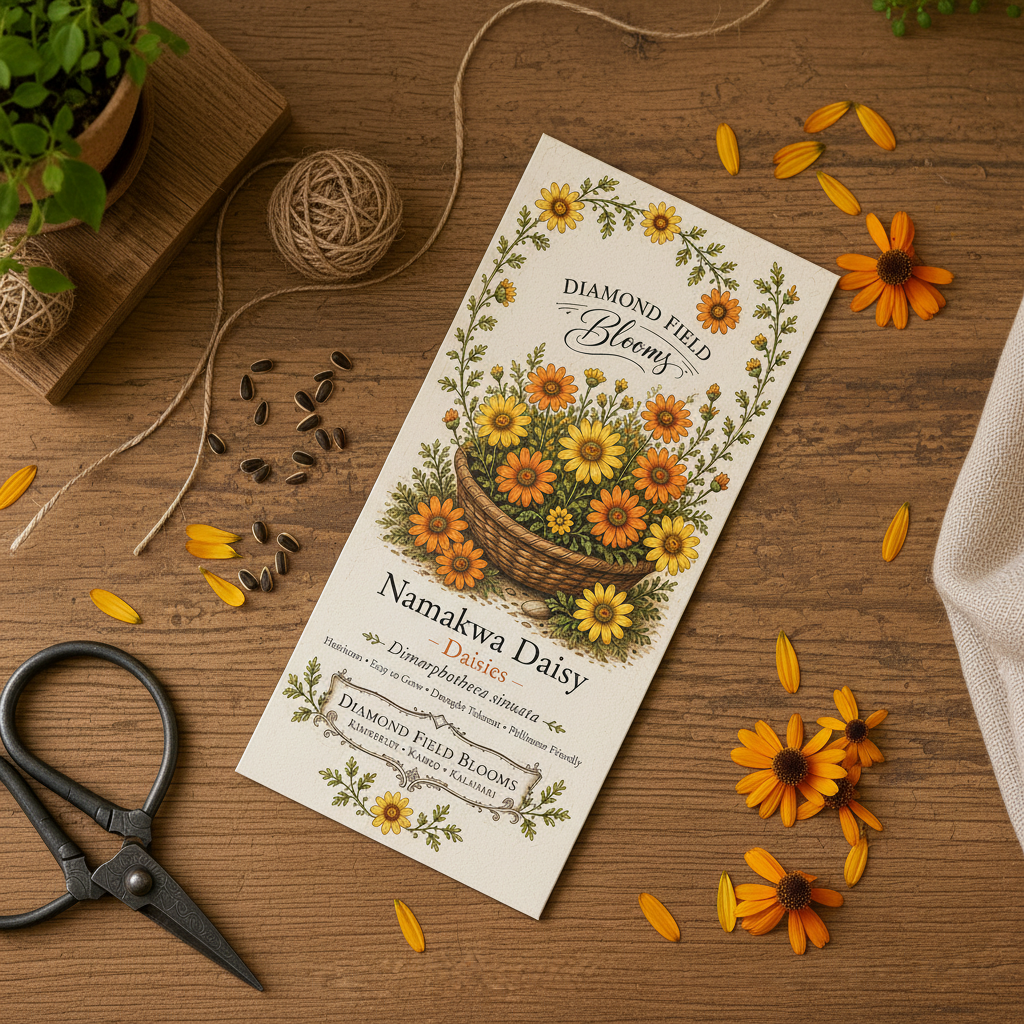 Diamond Field Blooms Namakwa Daisy seed packet flat lay surrounded by orange and yellow daisy petals, seeds, and garden twine on a rustic wooden surface