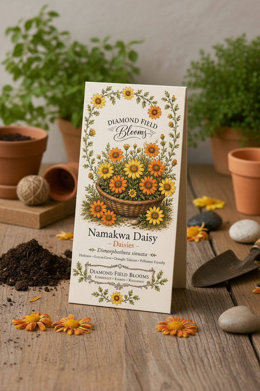 Diamond Field Blooms Namakwa Daisy seed packet, vintage botanical illustration of orange and yellow daisies in a wicker basket with decorative vine border