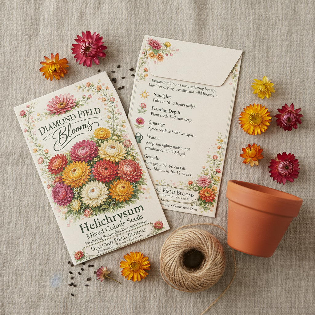 Diamond Field Blooms Helichrysum Mixed Colour Seeds packet overhead flat lay with terracotta pot linen cloth and blooms