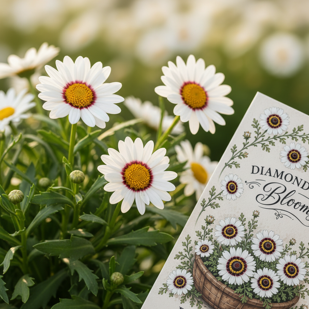 A close-up of white painted daisies with yellow centers and green leaves, with a Diamond Field Blooms painted daisy seed packet in the corner of the image. The scene is outdoors in a blurred field.