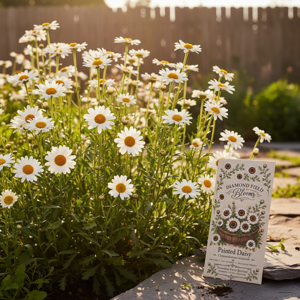 A seed packet labeled 'Diamond Field Bloom Painted Daisy' stands in a garden bed among many white daisies with orange centers and green foliage, with a wooden fence and stone path in the background.