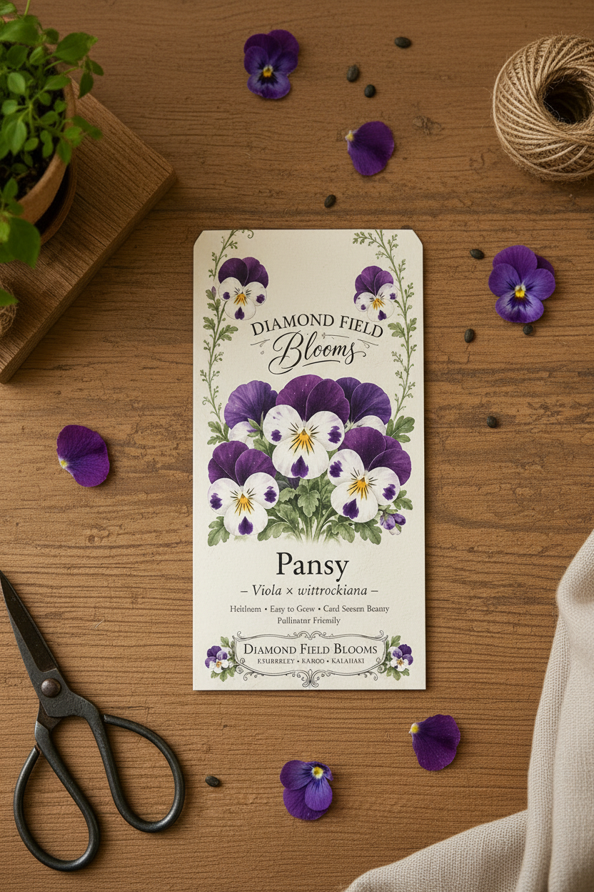 Diamond Field Blooms Pansy seed packet flat lay on wooden table with purple pansy petals, twine and scissors