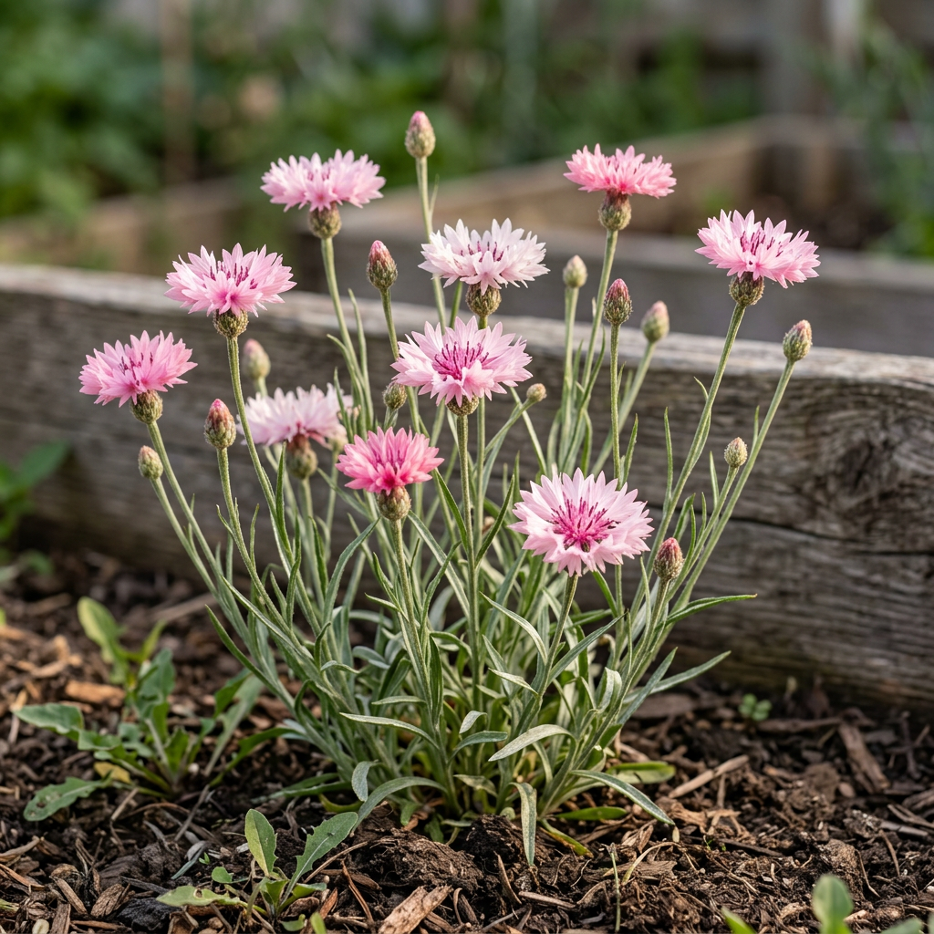 Pink cornflowers growing in a cottage garden