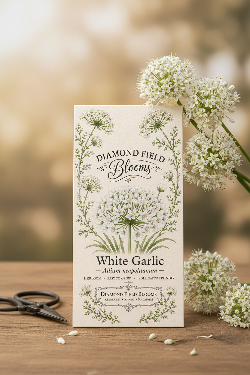 Diamond Field Blloms Allium neopolitanum seed packet upright with white blooms in soft bokeh background