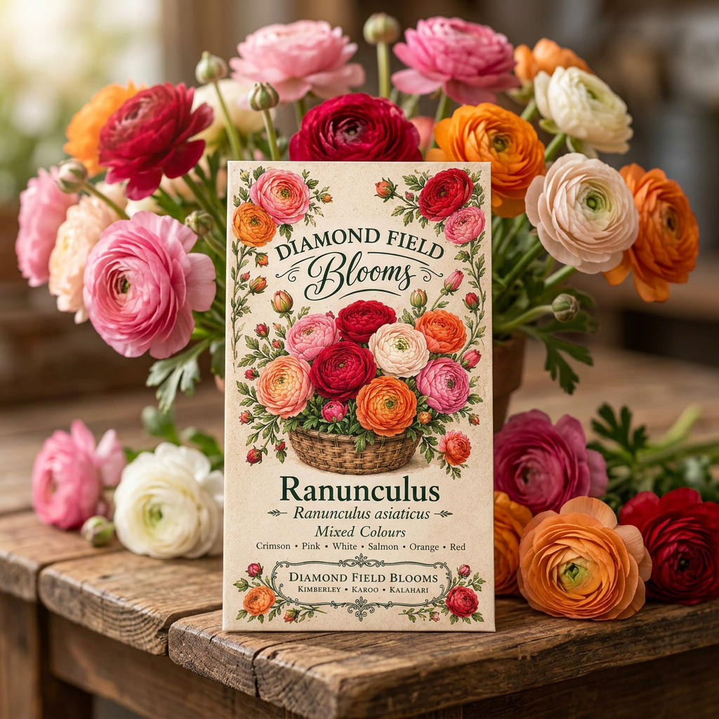 Ranunculus seed packet styled on a rustic potting bench