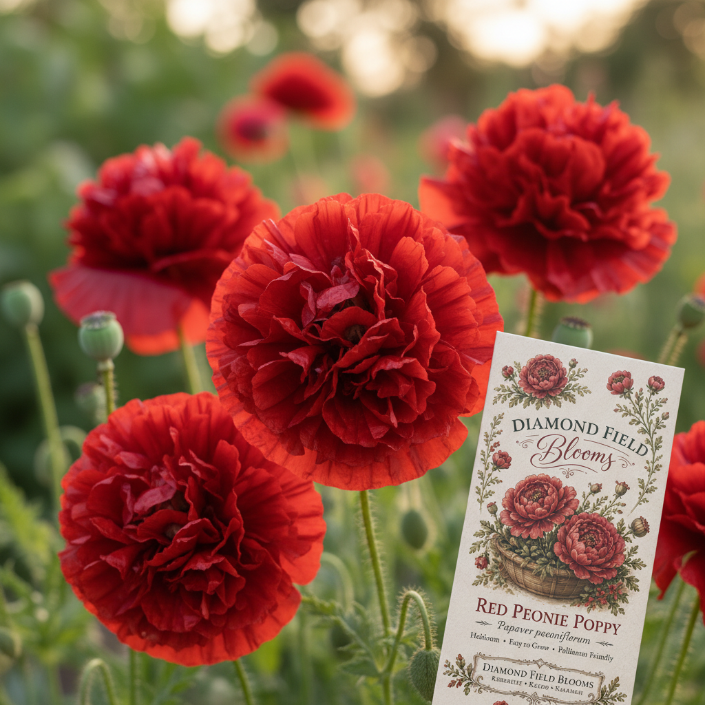 Red peony poppy flowers in the garden with a 'Diamond Field Blooms Red Peony Poppy' seed packet placed among the blooms.