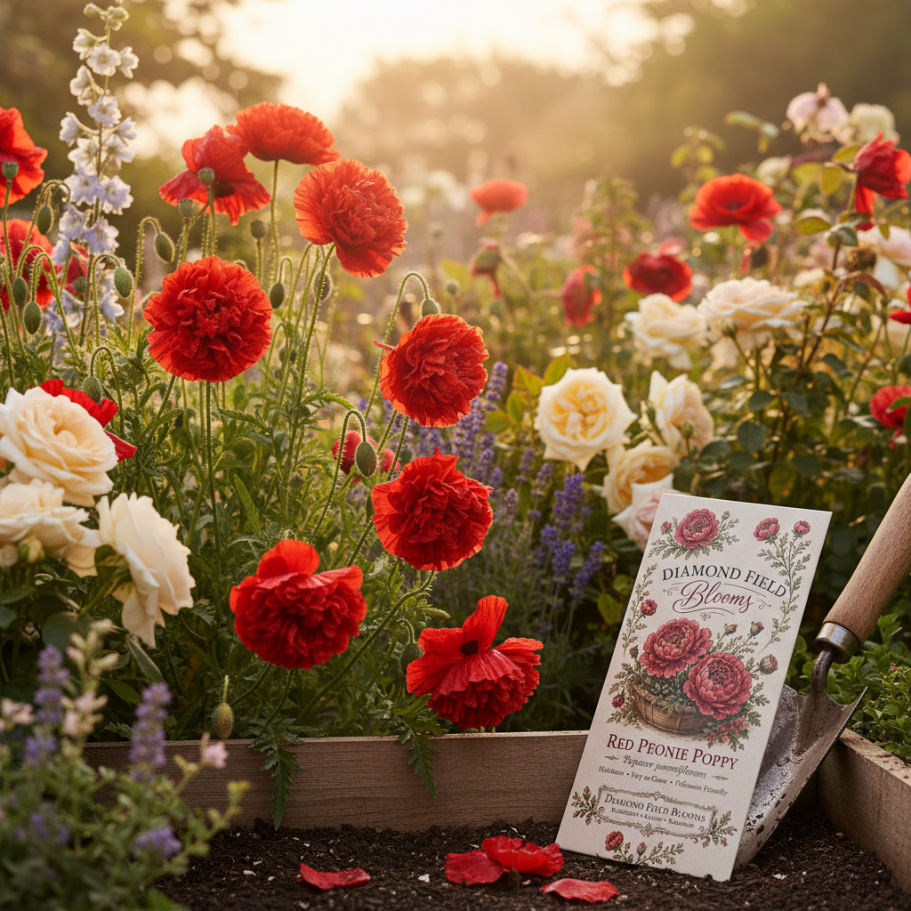 A gardening scene in a sunny flower bed with red  Peony Poppy flowers, white roses, and purple lavender. A Diamond Field Blooms Red, Peony Poppy seed packet is placed on the soil beside a wooden-handled gardening tool.