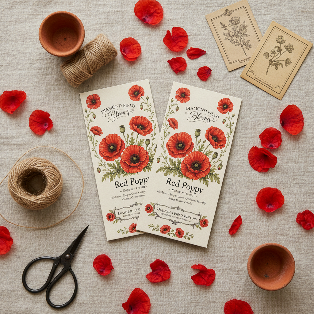 Two packets of Diamon Field Blooms  red poppy seeds arranged on a linen surface with scattered red petals, twine, scissors, small terracotta cups, and botanical seed packets.