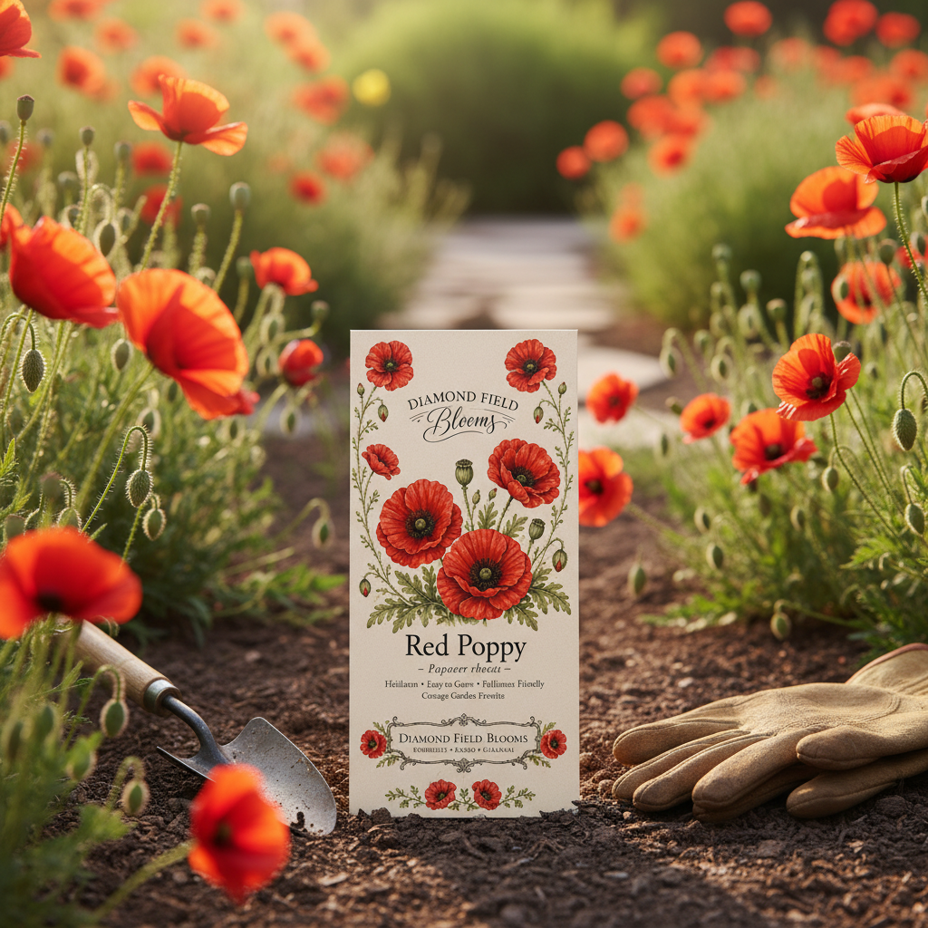 A package of Diamond Field Blooms Red Poppy seeds stands on a garden path surrounded by blooming red poppies, with a small hand trowel and gardening gloves nearby.