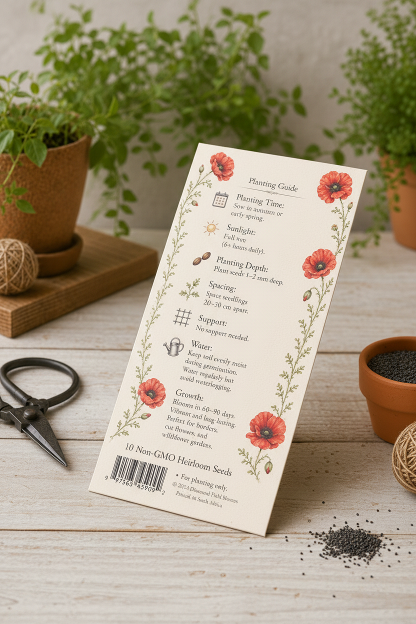 Diamond Field Blooms seed packet for  Non-GMO Seeds is displayed on a rustic wooden table surrounded by gardening props, including potted green plants, a pair of scissors, a small pot of seeds, and woven balls.