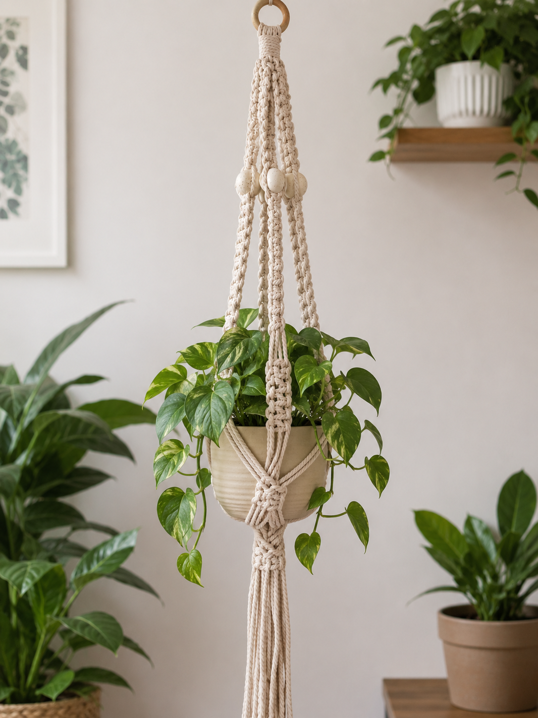 Handcrafted Macramé Pot Plant Hanger with Clay Bead Detail
