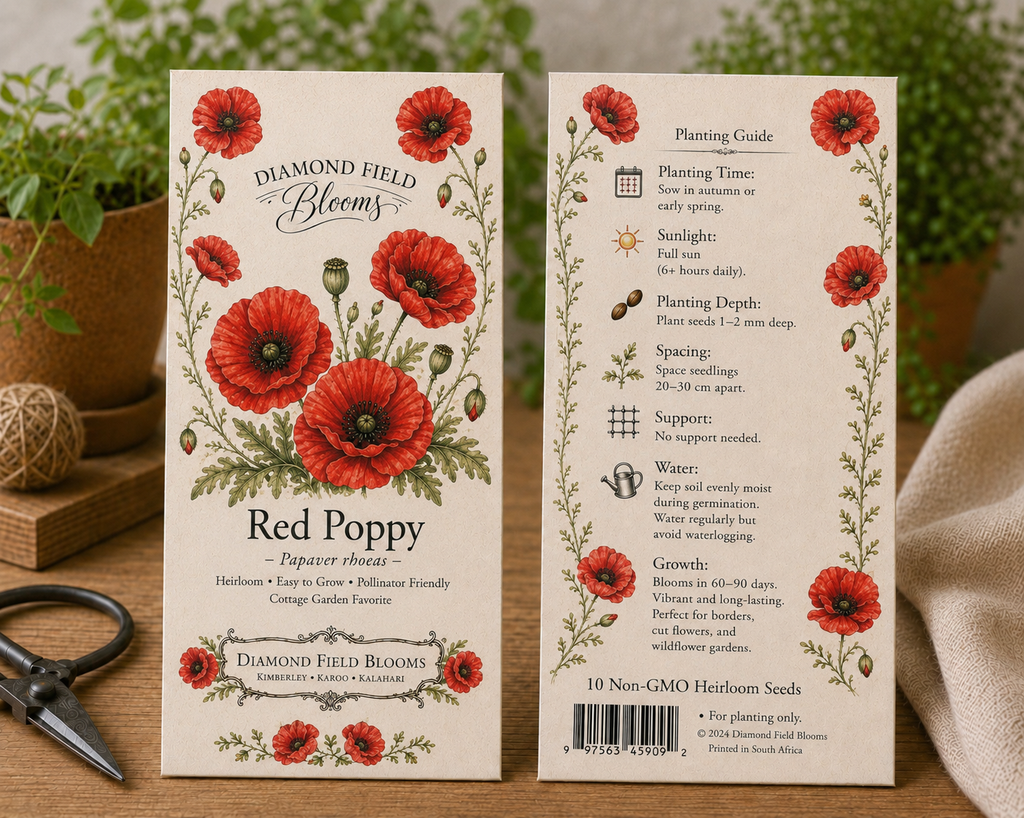 Two printed seed packet cards for Diamond Field Blooms Red Poppy seeds shown on a wooden surface, with one card displaying red flower illustrations and planting information, and the other showing planting time, depth, spacing, support, water, growth, and a 10-count non-GMO heirloom seeds label. A small hand tool and potted plants are blurred in the background.