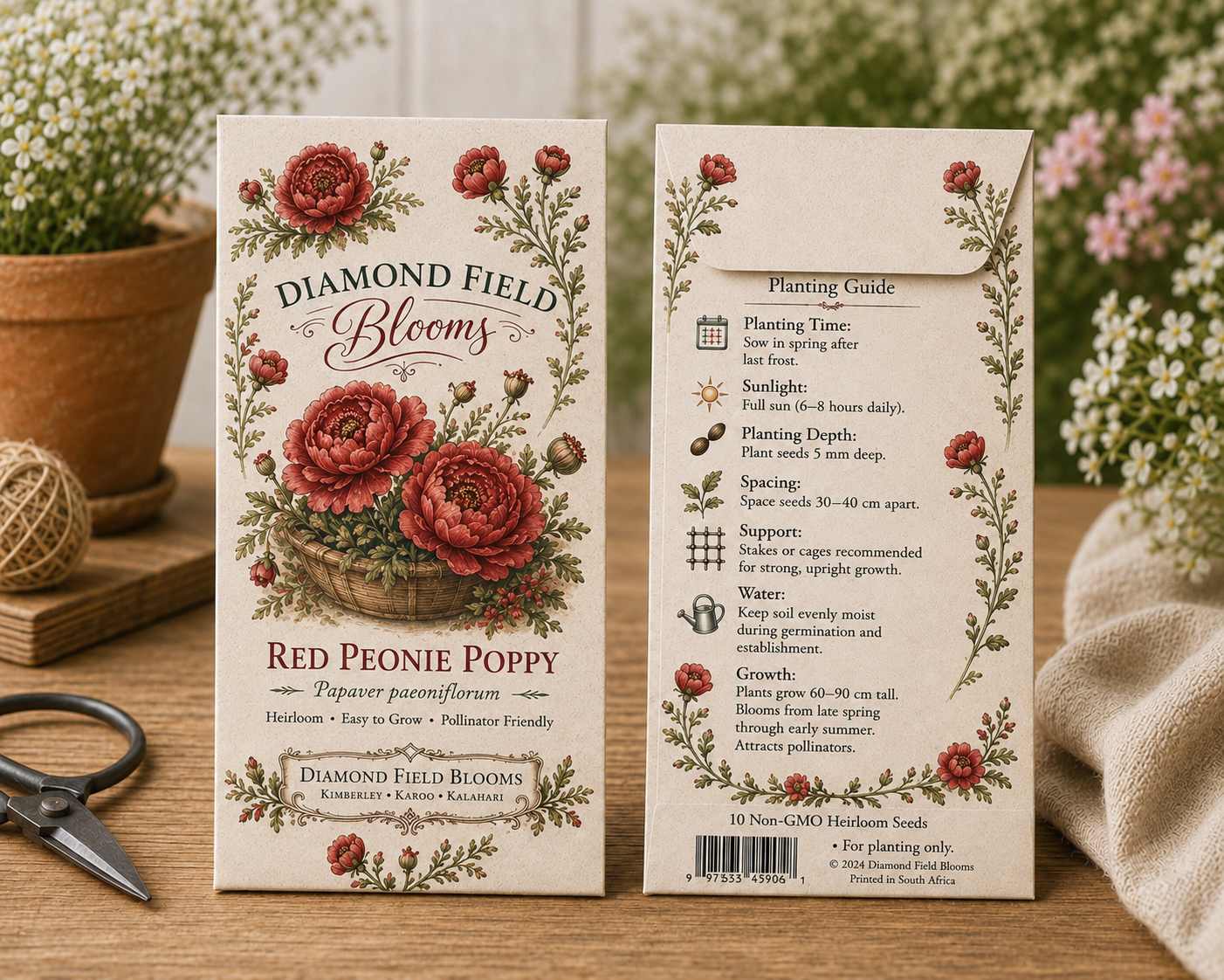 Red peony poppy seeds — fully double scarlet-red poppy blooms with silky crinkled petals in a cottage garden