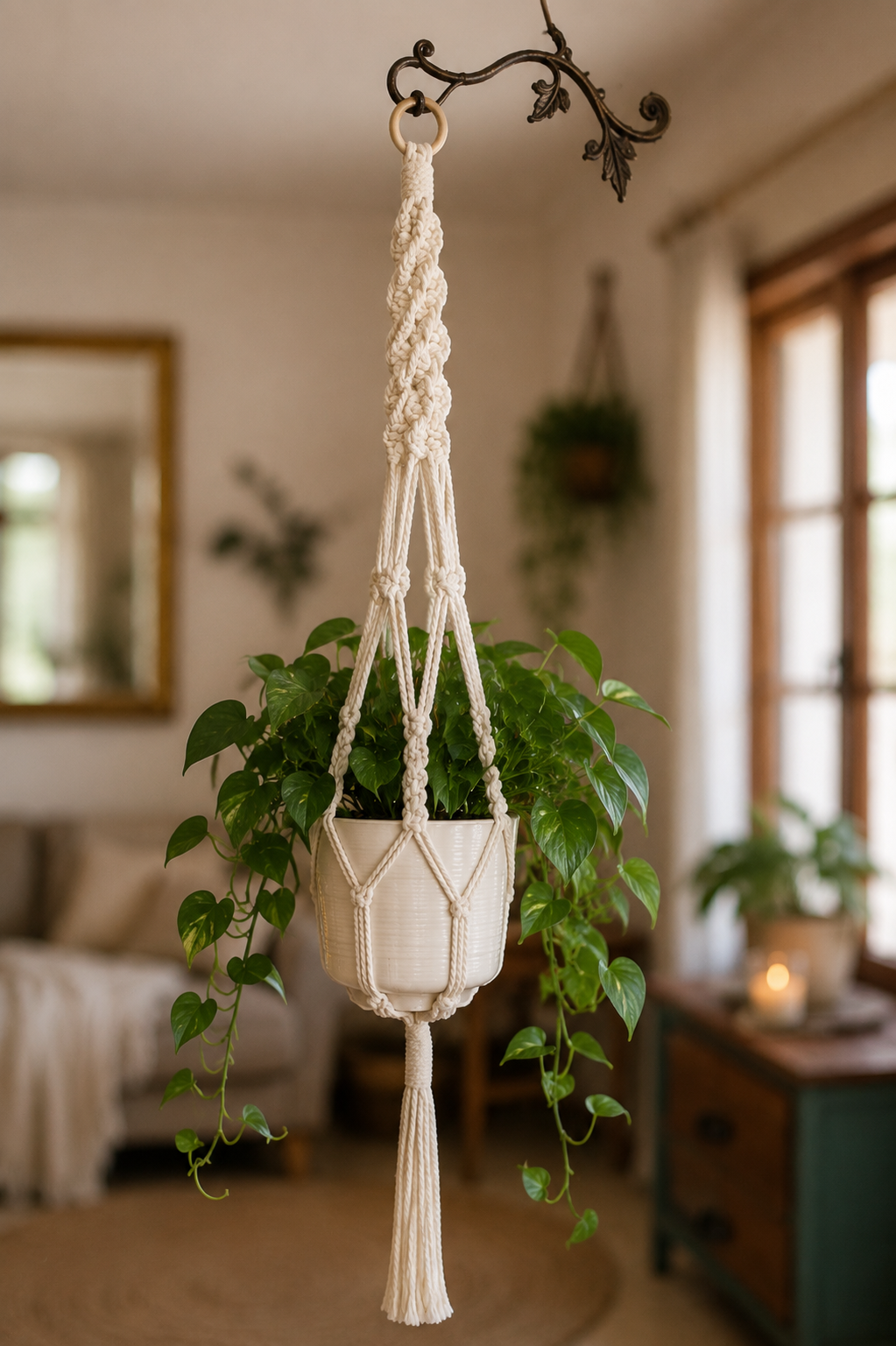 Spiral Macrame Hanging Plant Holder | Off-White Bohemian Decor
