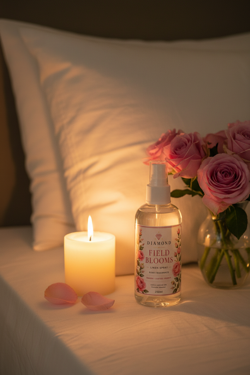 Rose Scented Linen Spray 100ml by Diamond Field Blooms — styled on a bedside table with pink roses, white linen pillow and lit candle