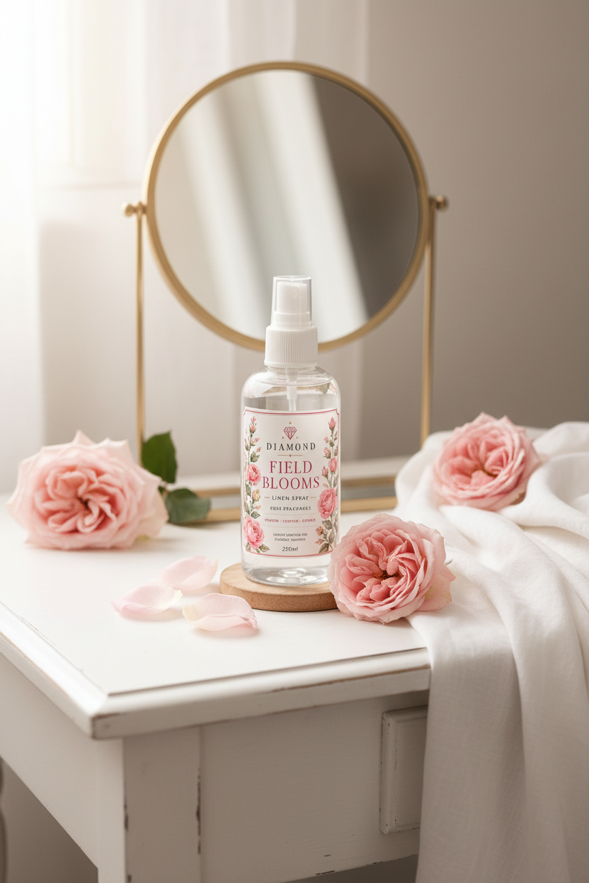 Rose Scented Linen Spray 100ml by Diamond Field Blooms — styled on a white dressing table with fresh pink roses and soft linen
