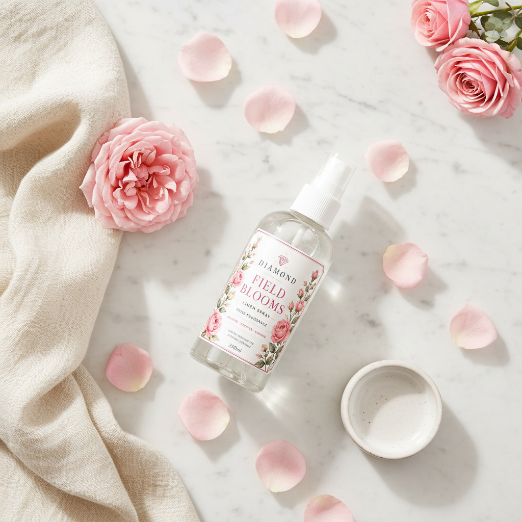 Diamond Field Blooms Rose Scented Linen Spray 100ml — flat lay on white marble with fresh pink rose petals and cream linen cloth
