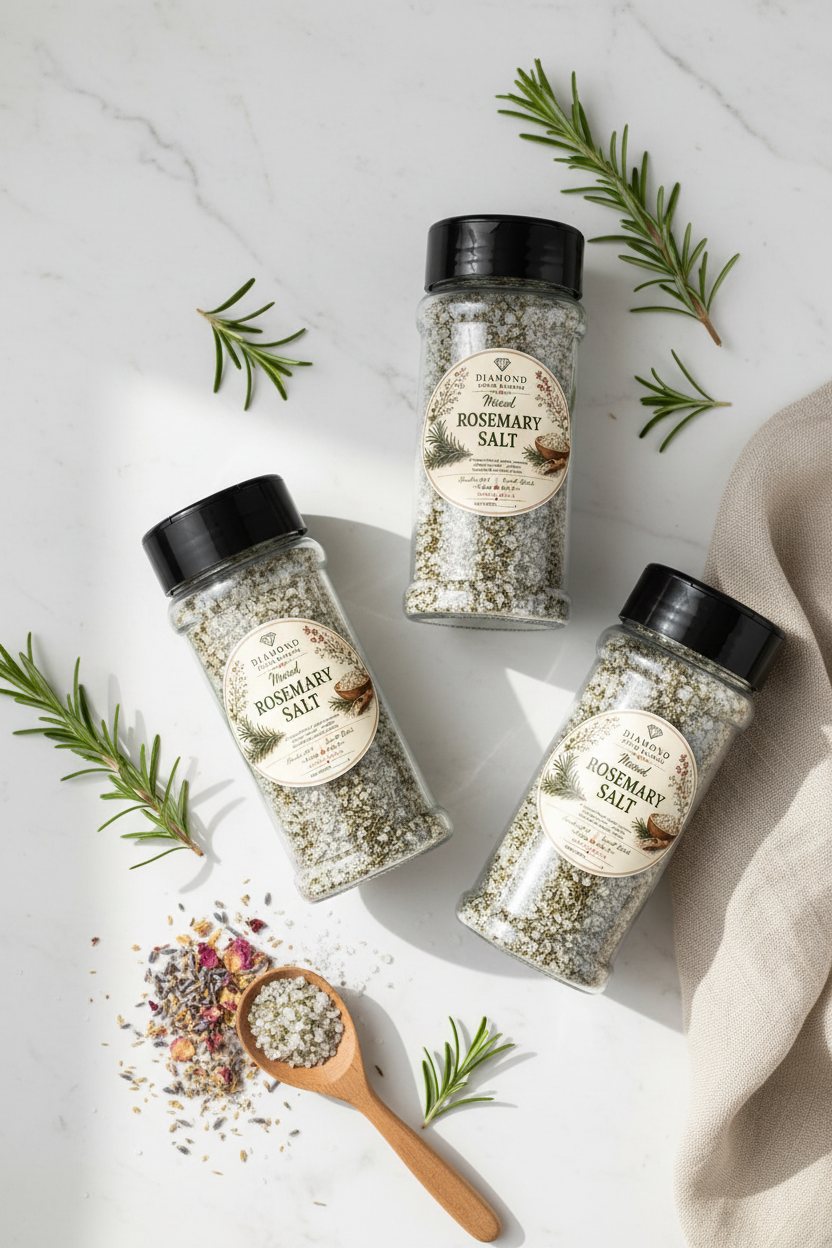 Diamond Field Blooms Rosemary Gourmet Salt shaker jars on a rustic wooden board with fresh rosemary sprigs and wooden spoon