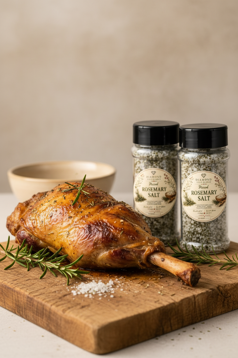 Diamond Field Blooms Rosemary Gourmet Salt styled on a wooden board next to a roasted leg of lamb with fresh rosemary sprigs