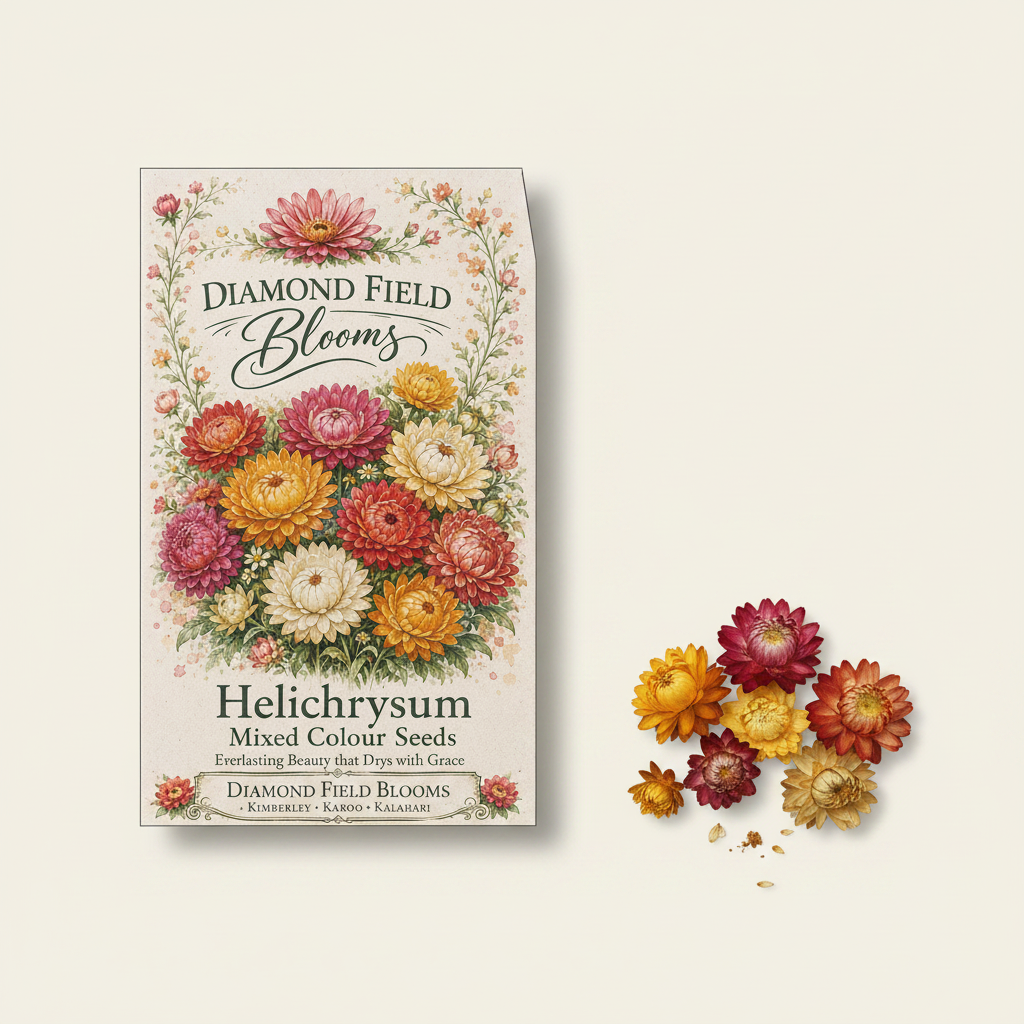 Diamond Field Blooms Helichrysum Mixed Colour Seeds packet studio shot on cream background with mixed colour helichrysum blooms