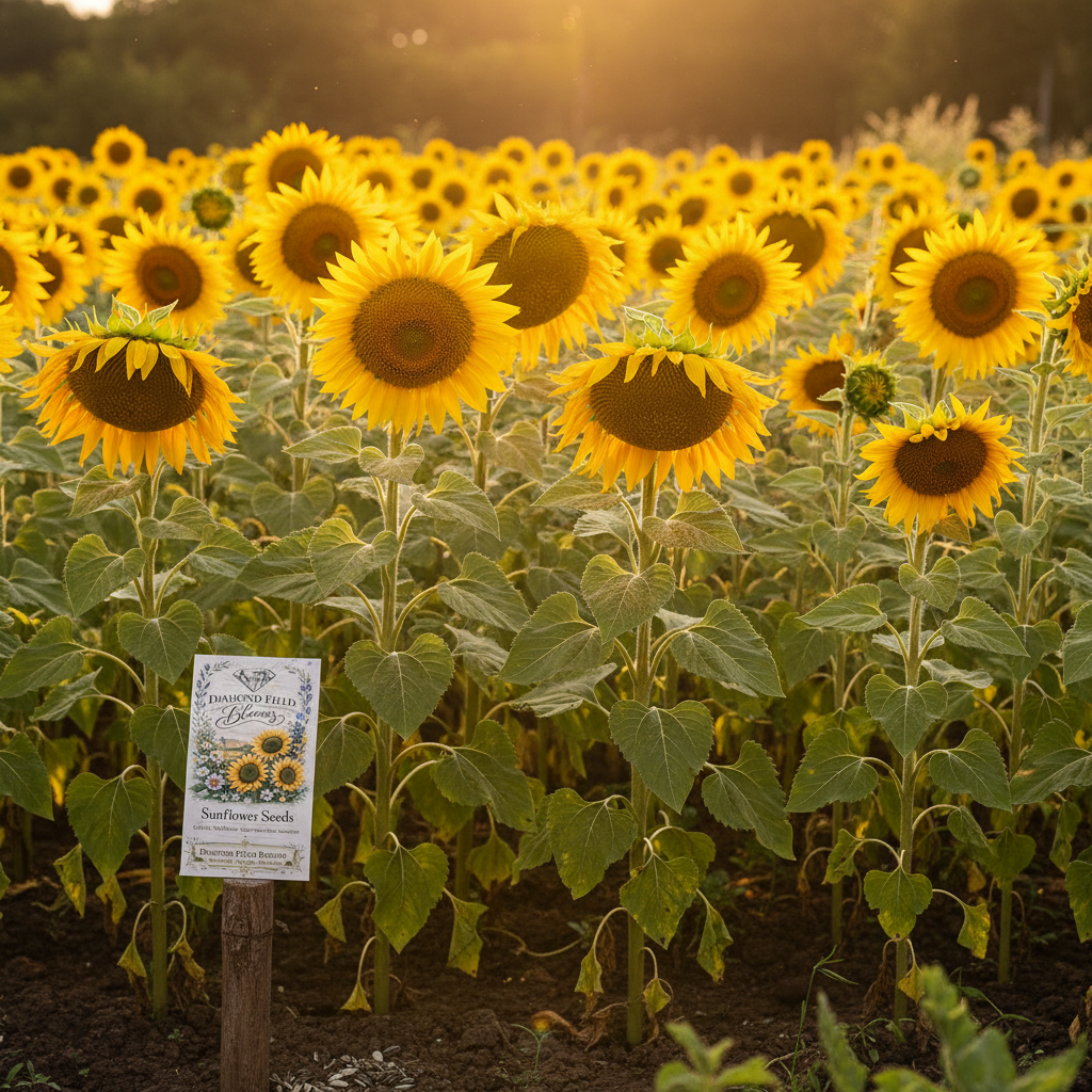 Tall heirloom sunflowers in full bloom in a sunny garden with Diamond Field Blooms Sunflower Seeds packet in the corner, golden hour light