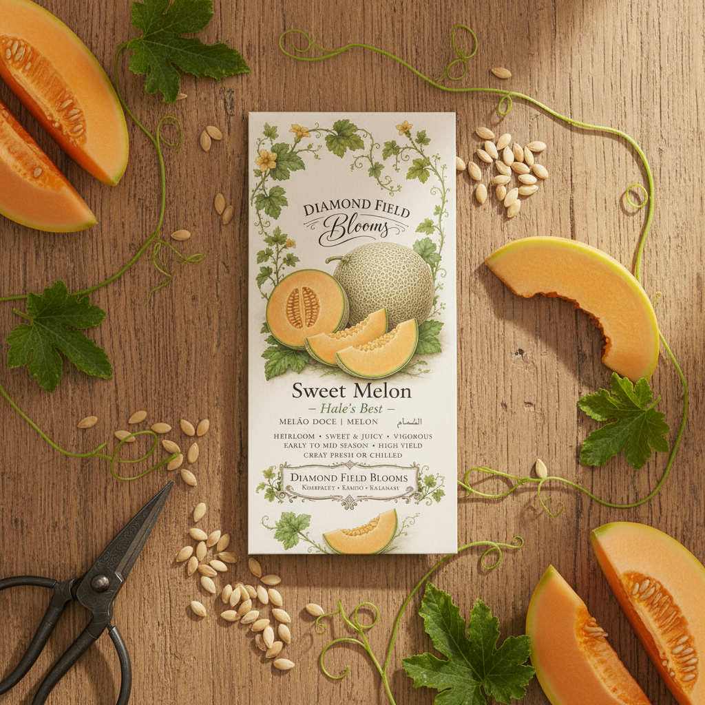 A flat-lay product photo of a custom 'Diamond Field Blooms' Sweet Melon seeds' packet, styled on a rustic wooden table with melon slices, seeds, scissors, and green vines.