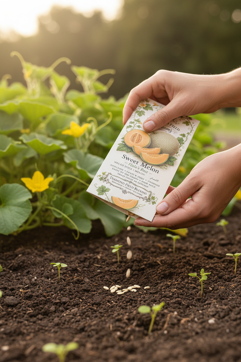 A person's hands holding a seed packet labeled Diamond Field Blooms  'Sweet Melon seeds' while seeds are being planted in dark soil among green melon vines and yellow flowers.