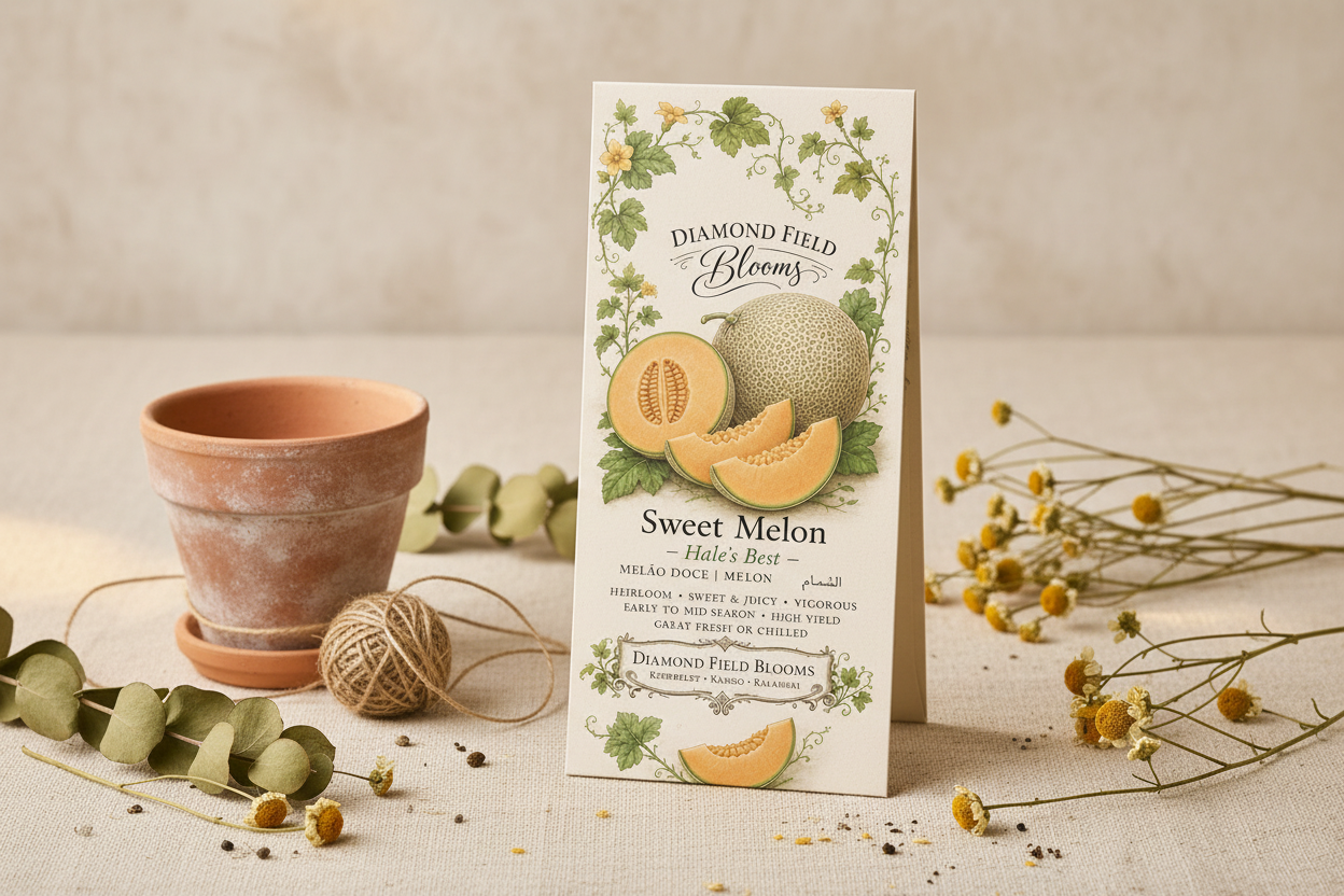 A standing product card for Diamond Field Blooms Sweet Melon Halse's Best, styled on a neutral beige surface with a terracotta pot, twine ball, eucalyptus leaves, and dried flowers.