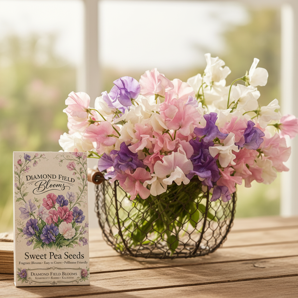 A package of Diamond Field Blooms Sweet Pea Seeds sits next to a wire basket filled with pink, purple, and white sweet pea flowers on a wooden table in front of a softly blurred window.