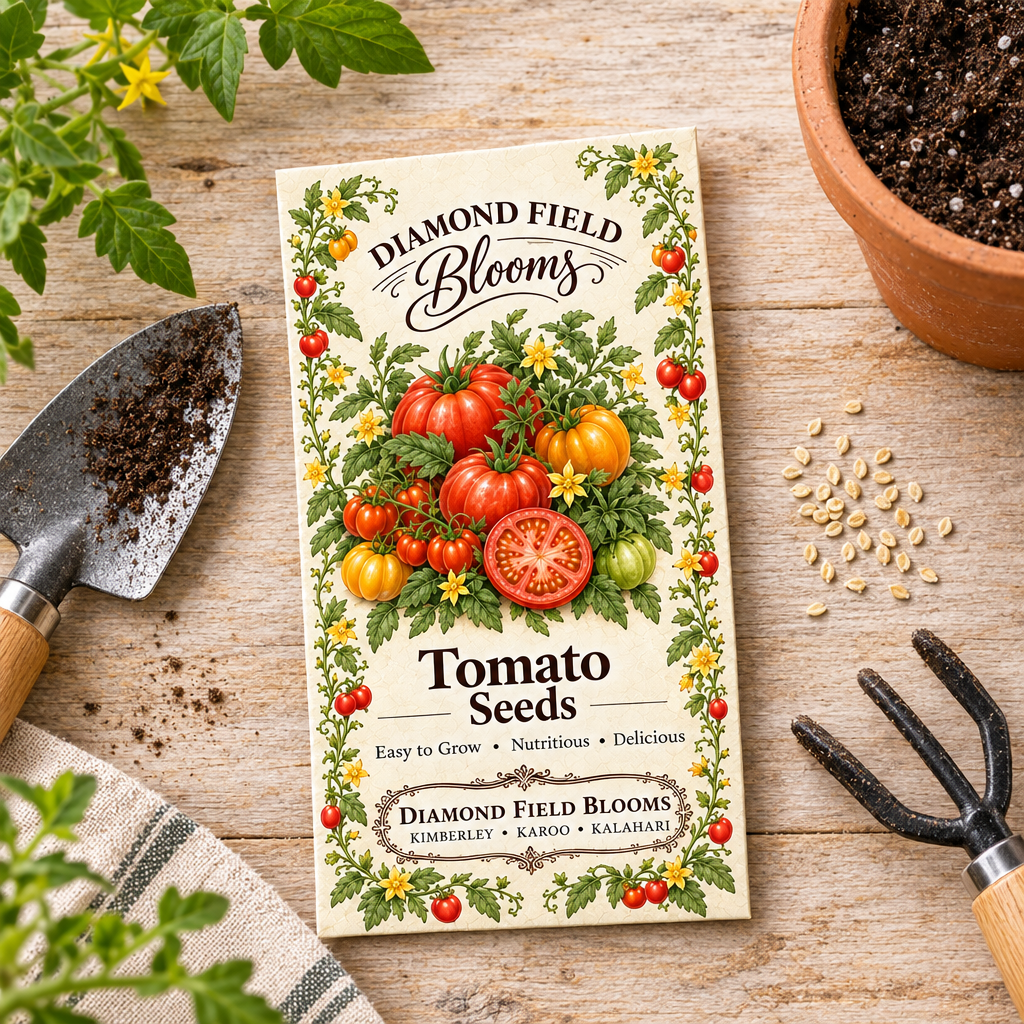 Diamond Field Blooms Tomato Seeds packet flat lay with gardening tools, terracotta pot, and scattered seeds