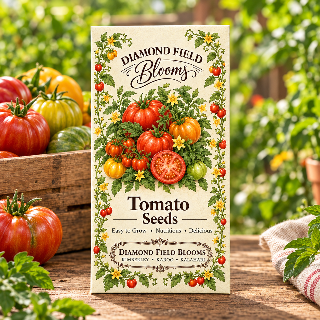 Diamond Field Blooms Tomato Seeds packet standing in a garden setting beside a crate of fresh heirloom tomatoes