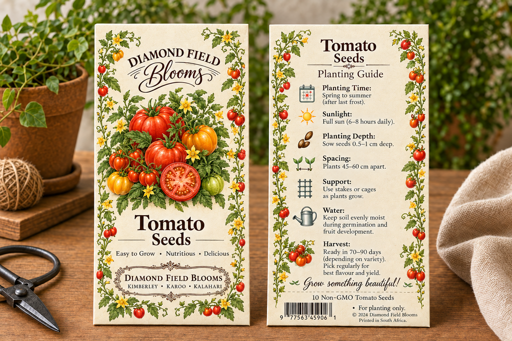 Diamond Field Blooms Mixed Heirloom Tomato Seeds packet, 5g, front view