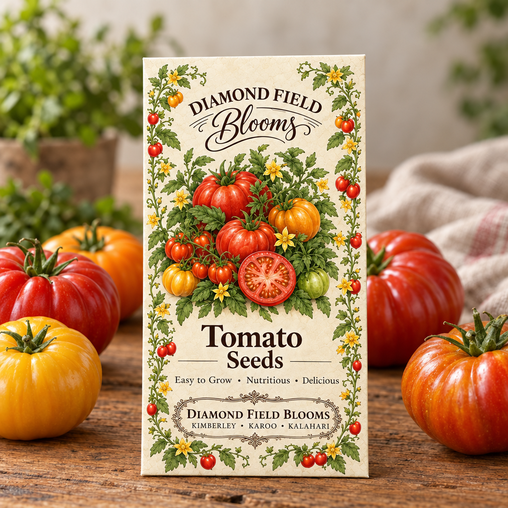 Diamond Field Blooms Tomato Seeds packet beside fresh heirloom tomatoes on a rustic wooden table